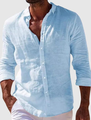 Riviera linen shirt in light blue, button-up collar and chest view