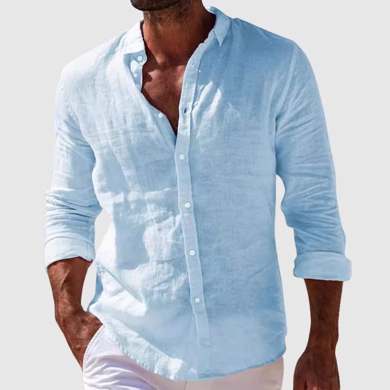 Riviera linen shirt in light blue, button-up collar and chest view