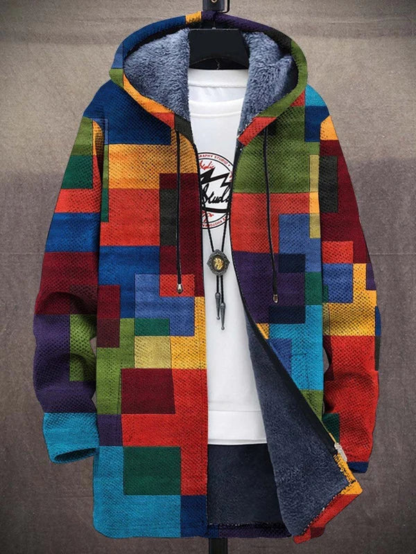 Artful hooded cardigan, multicolor block print, zip front, blue fleece lining