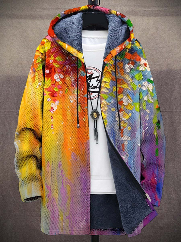 Artful hooded cardigan, yellow orange to multicolor print, zip front, blue fleece lining