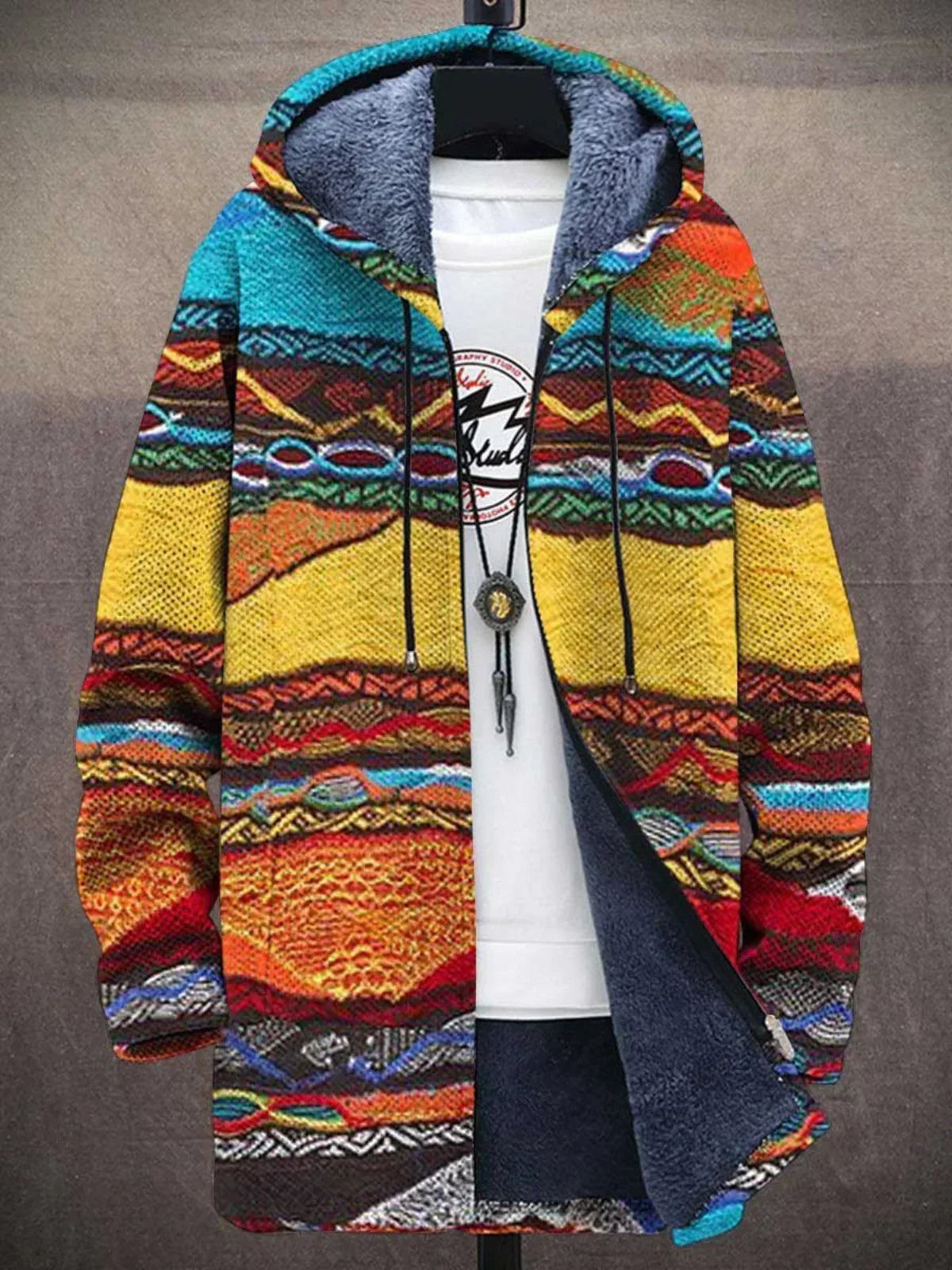 Artful hooded cardigan, colorful patterned print, zip front, blue fleece lining