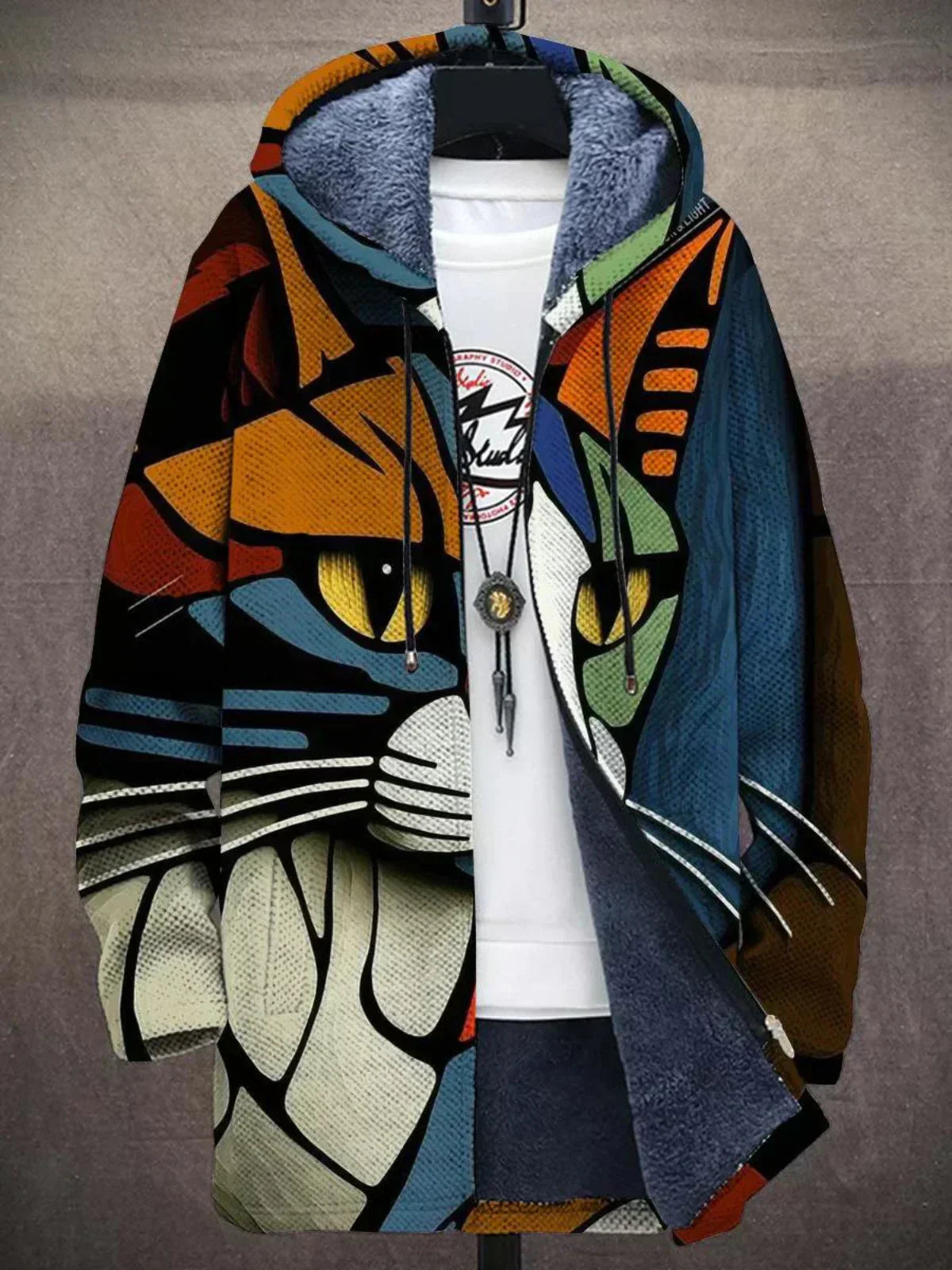 Artful hooded cardigan, bold cat face graphic print, zip front, blue fleece lining