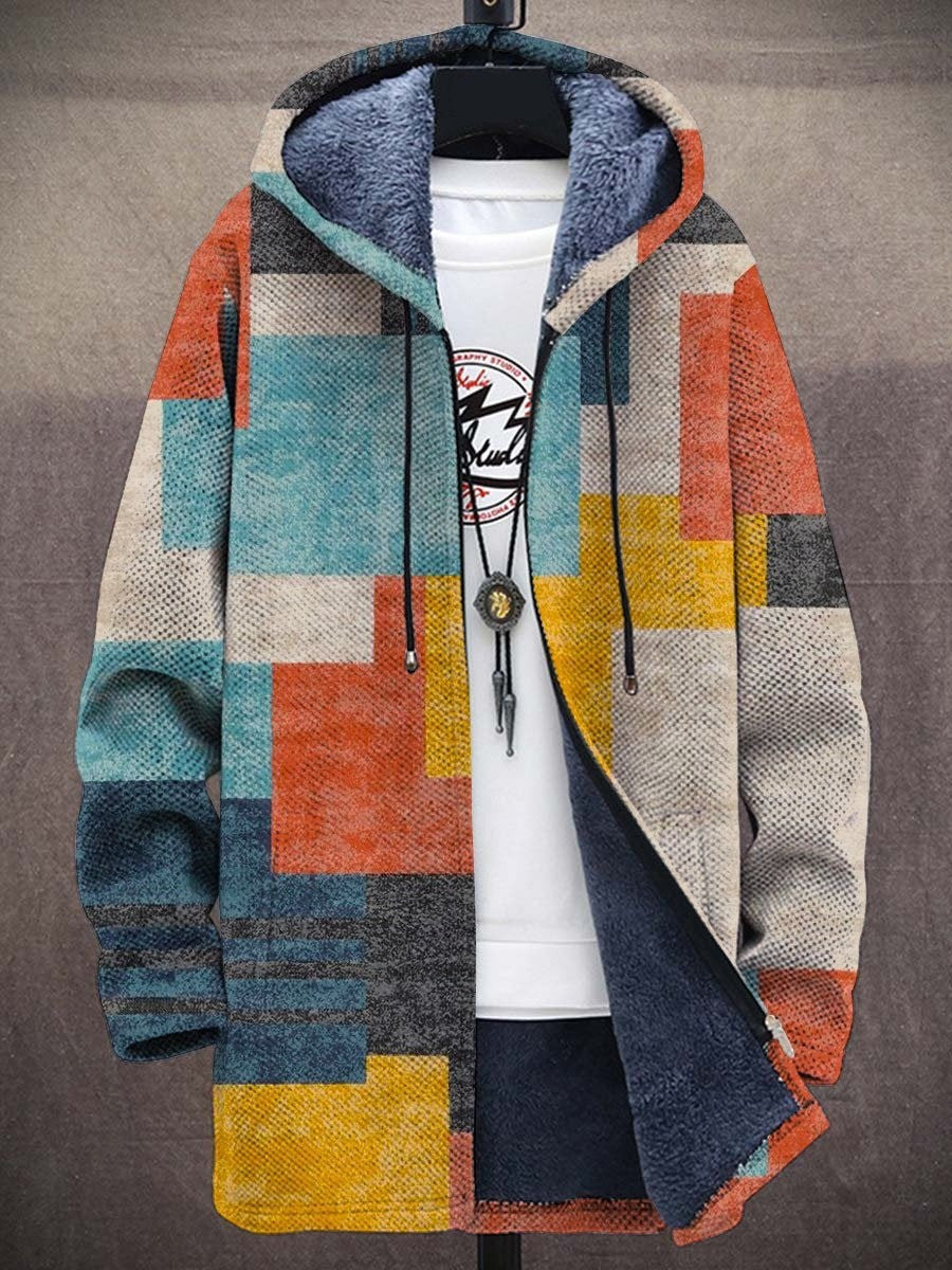 Artful hooded cardigan, teal orange multicolor block print, zip front, blue fleece lining