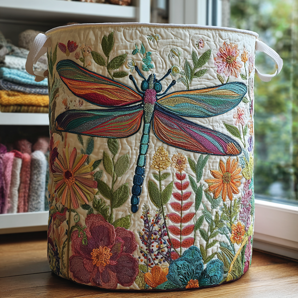 Embroidered fabric laundry basket with dragonfly motif and colorful floral pattern