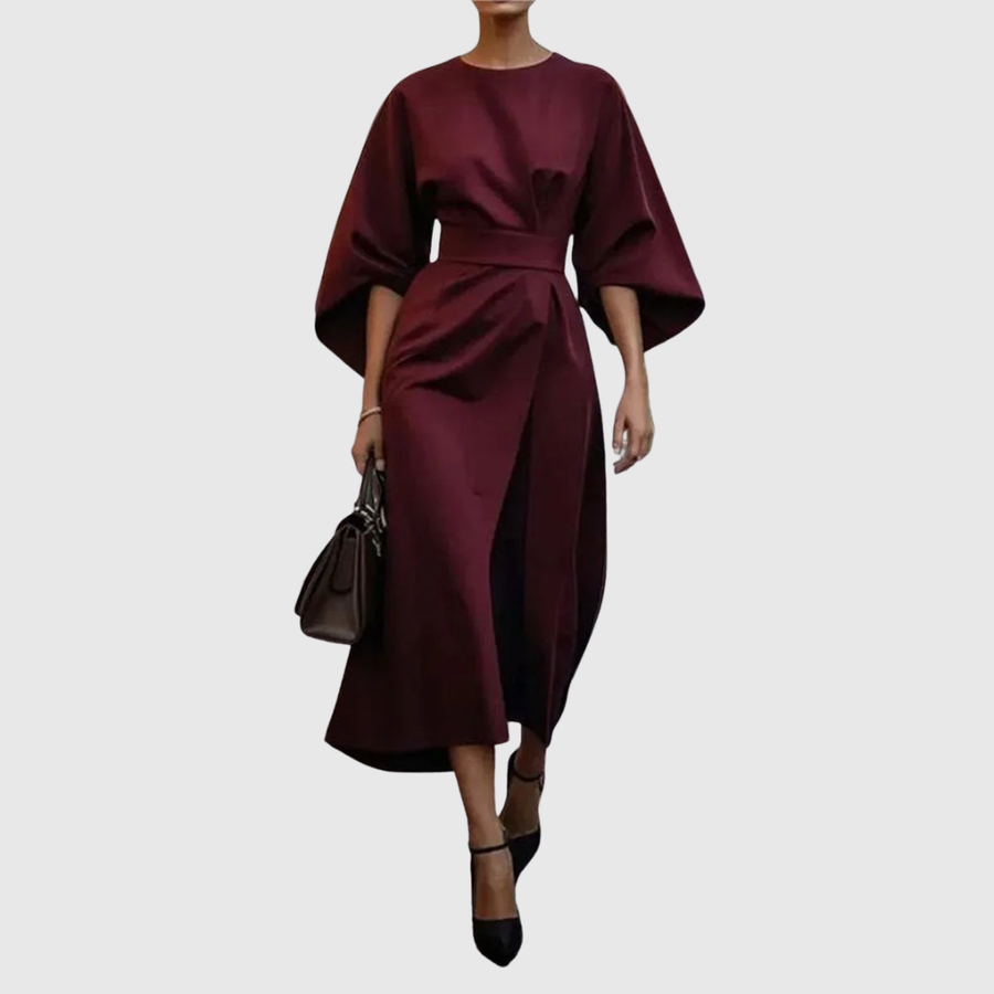 Satin-feel batwing sleeve maxi dress in claret, belted waist, draped midi length