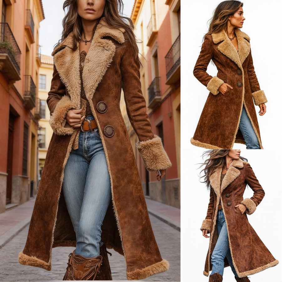 Brown long coat, sherpa lined with button front and plush cuffs; side view.