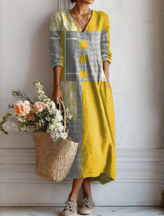 Multicolor linen midi dress, V-neck, long sleeves, yellow-and-check panels, button detail