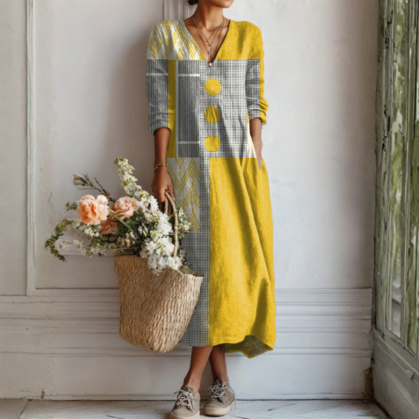 Multicolor linen midi dress, V-neck, long sleeves, yellow-and-check panels, button detail