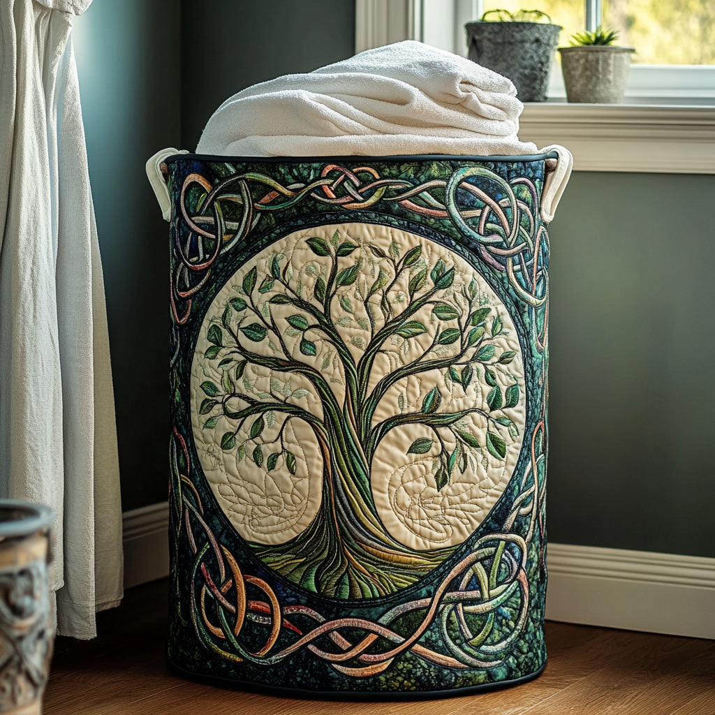 Fabric laundry basket with tree of life embroidery and celtic knot border