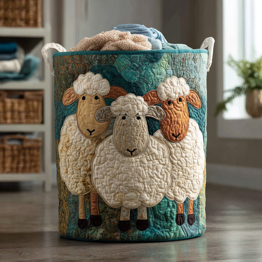 Fluff Parade laundry basket with quilted fabric and cute sheep applique, teal and cream