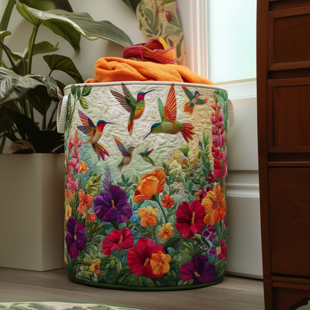 Floral fabric laundry basket with hummingbird and bird print, round canvas design