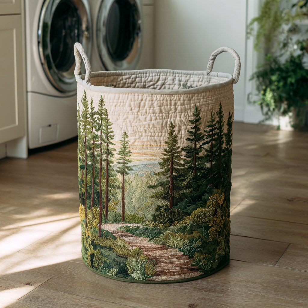 Quilted laundry basket with handles and forest path scene with pine trees