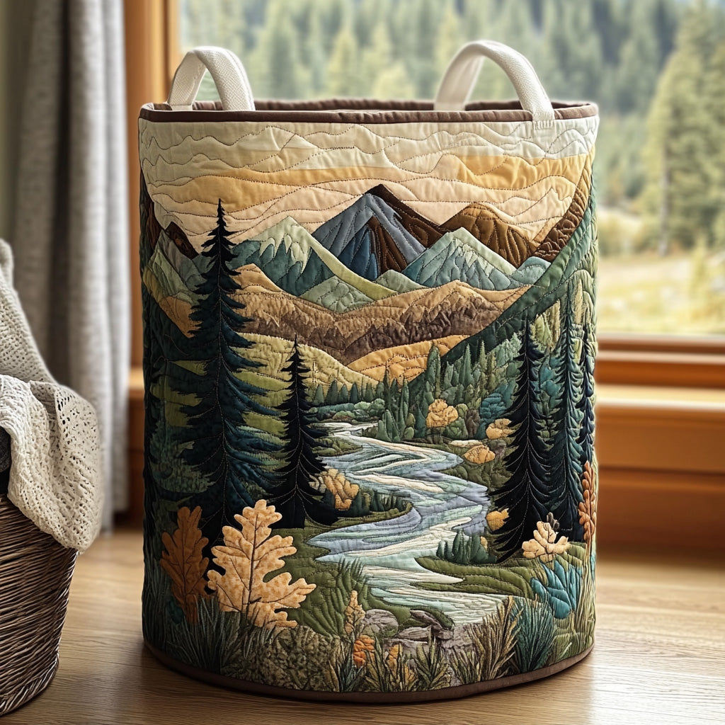 Quilted forest landscape laundry basket with two loop handles