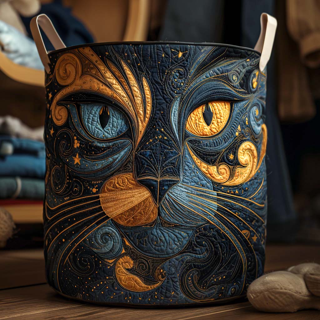 Galaxy cat laundry basket with blue and gold cat-face print, fabric handles