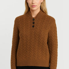 Camel cable-knit cardigan with front button placket and stand collar