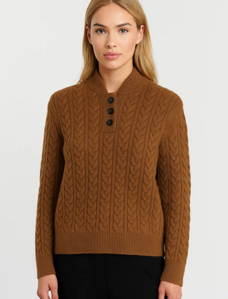Camel cable-knit cardigan with front button placket and stand collar