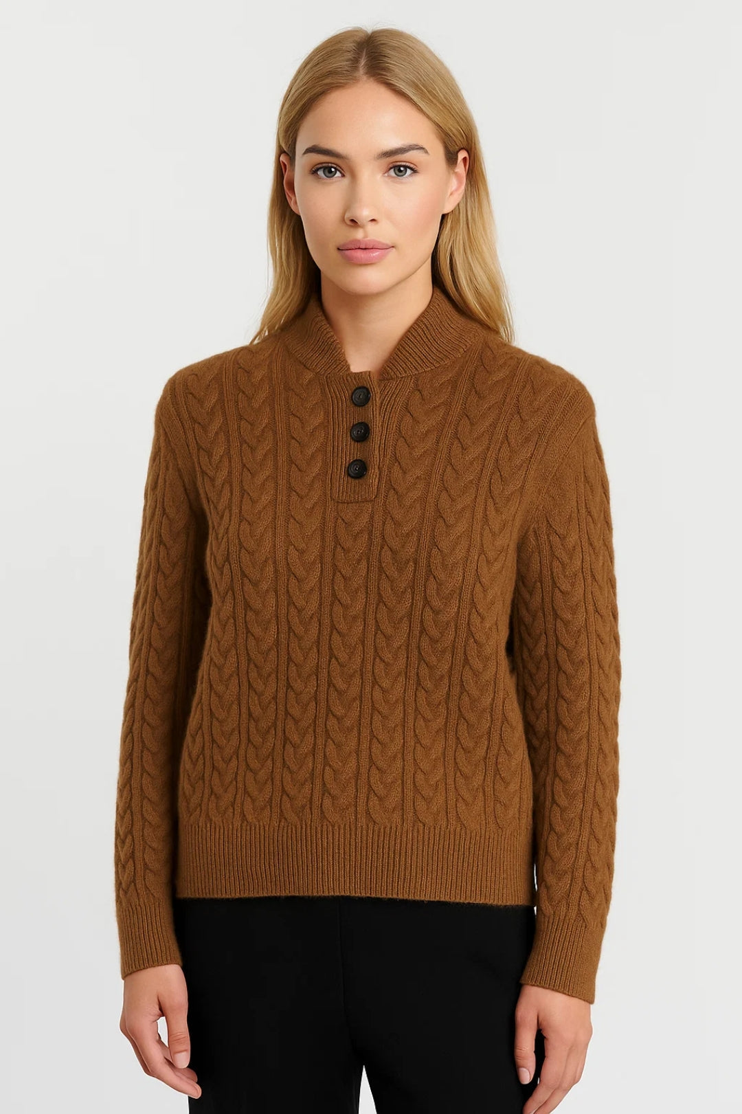 Camel cable-knit cardigan with front button placket and stand collar