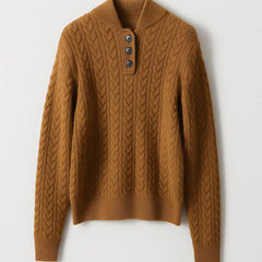Camel cable-knit cardigan sweater with front button placket