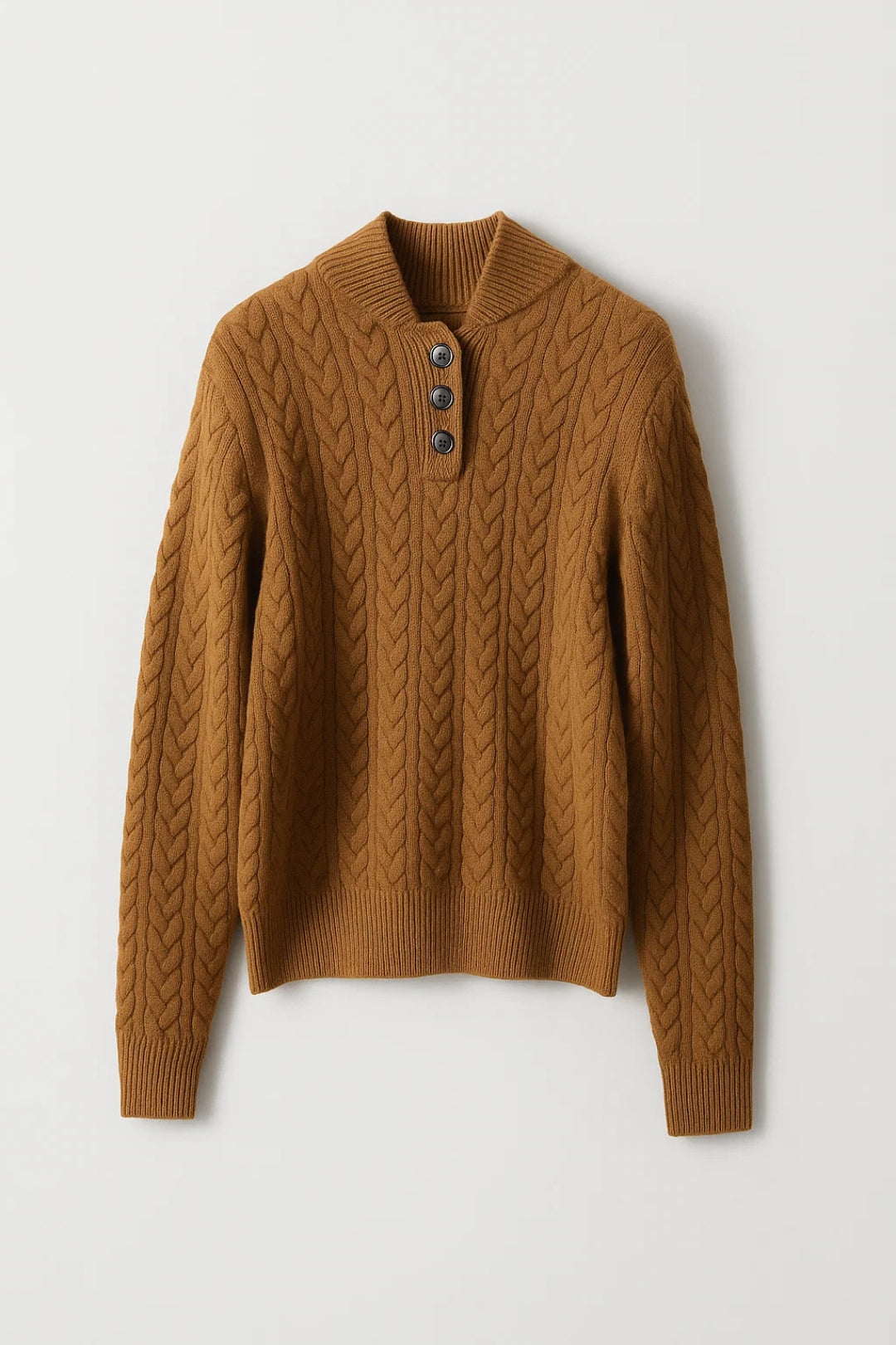 Camel cable-knit cardigan sweater with front button placket