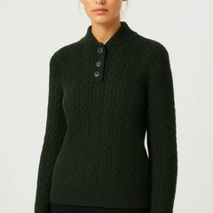 Dark green cable-knit cardigan with front button placket and stand collar