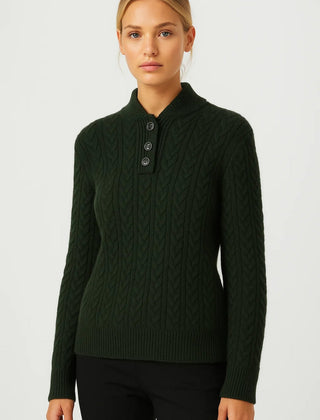 Dark green cable-knit cardigan with front button placket and stand collar