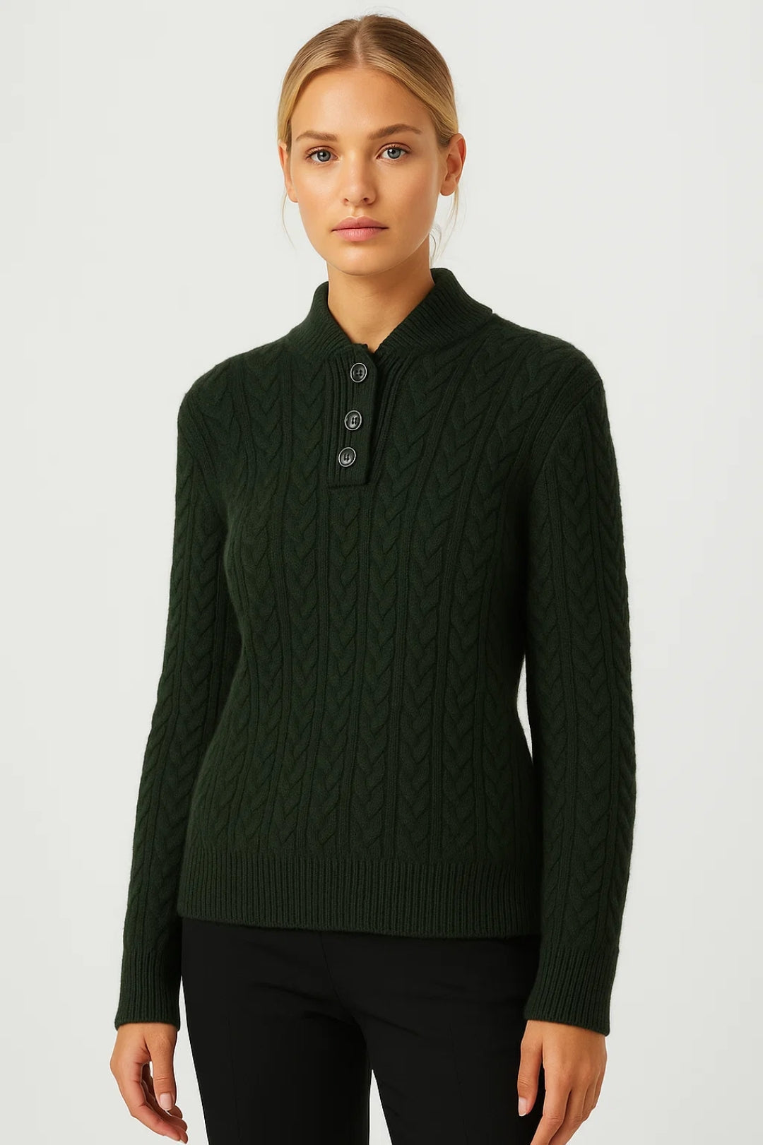 Dark green cable-knit cardigan with front button placket and stand collar