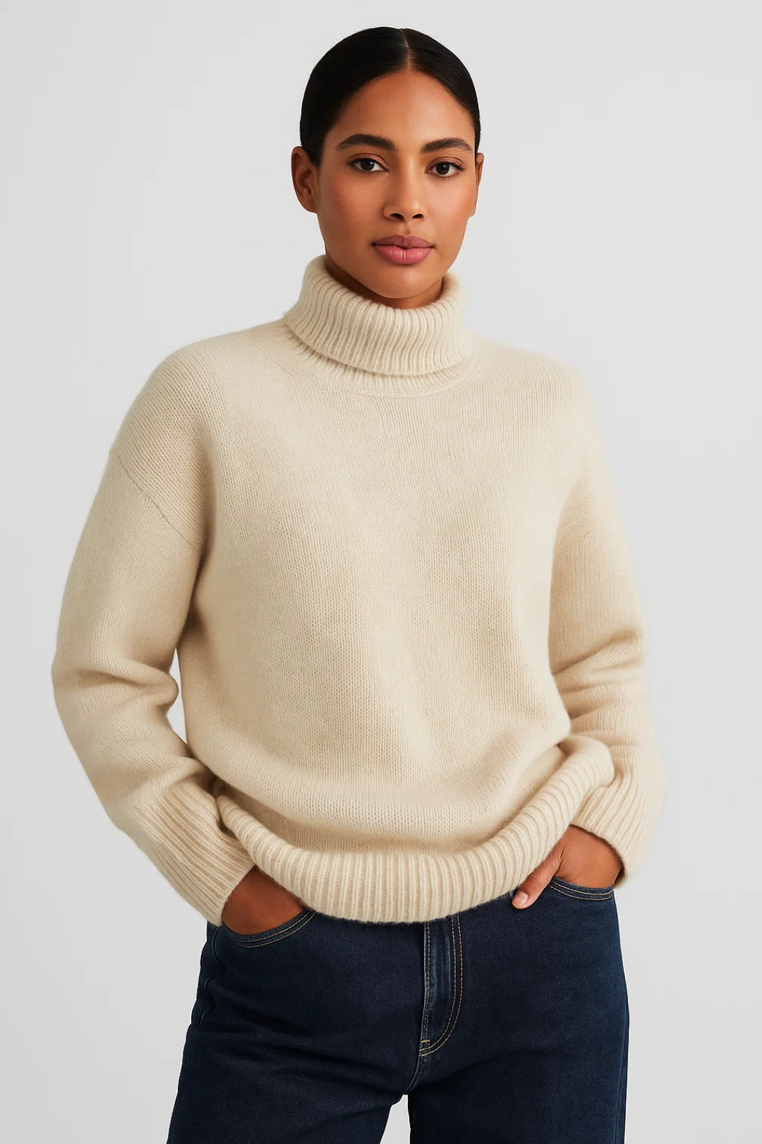 Cream roll-neck knit jumper on model, ribbed collar, cuffs, and hem