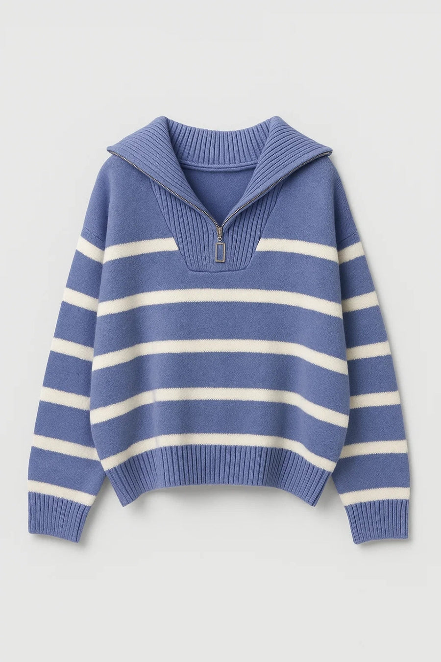 Blue striped knit jumper, ribbed high collar with zip