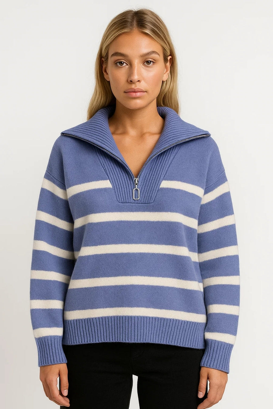 Blue striped knit jumper with half-zip collar, long sleeves