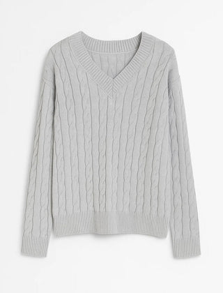 Light grey V-neck cable knit jumper with ribbed cuffs and hem