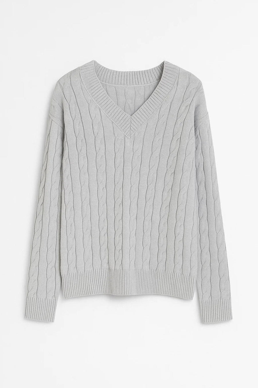 Light grey V-neck cable knit jumper with ribbed cuffs and hem