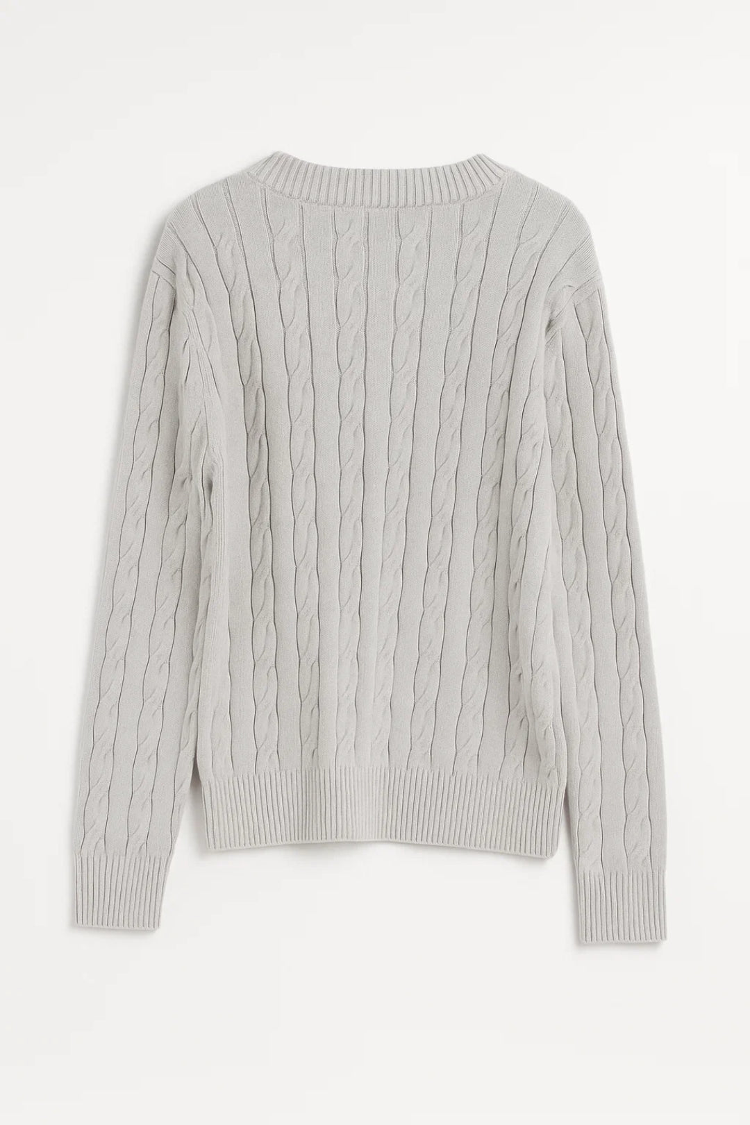 Light grey cable knit jumper with ribbed crew neck and long sleeves