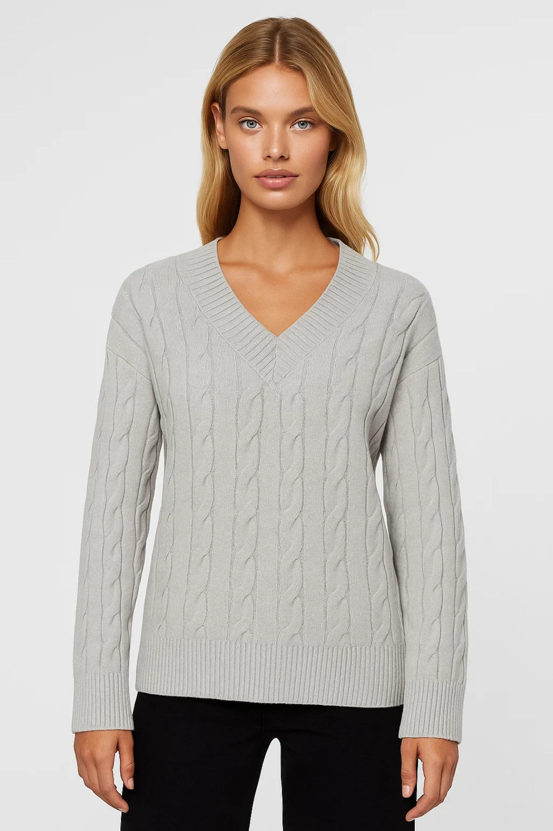 Light grey V-neck cable knit jumper with long sleeves