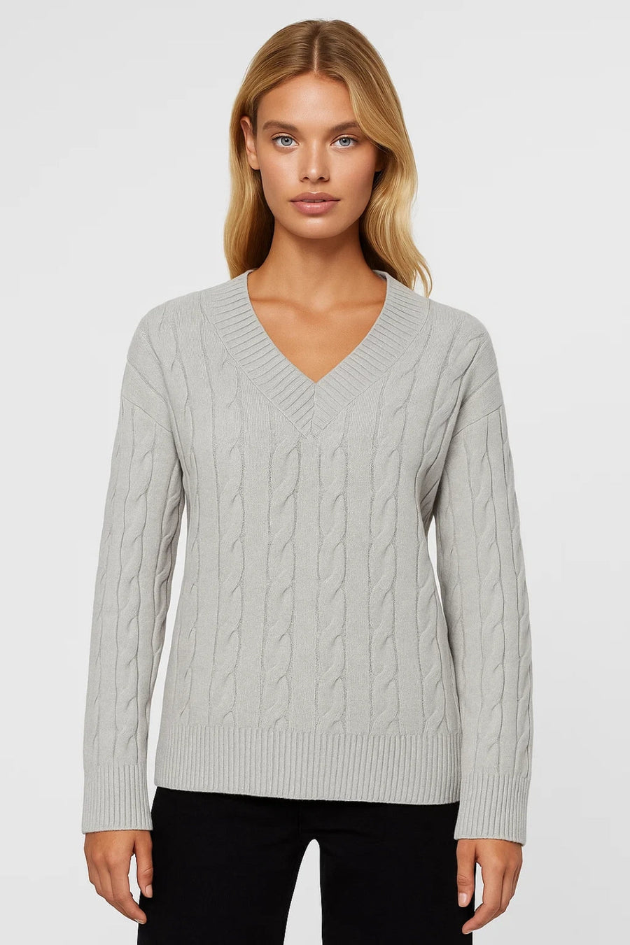 Light grey V-neck cable knit jumper with long sleeves