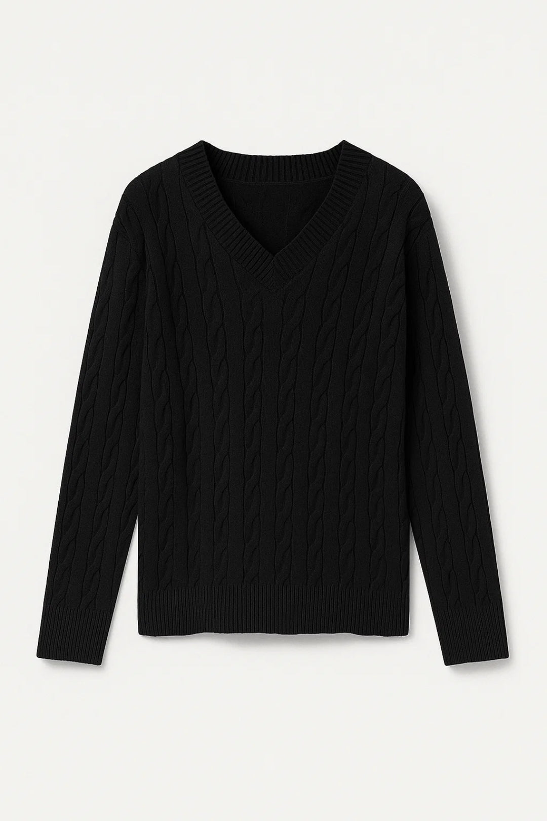 Black V-neck cable knit jumper with long sleeves and ribbed hem