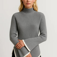 Grey flared-sleeve turtleneck knit jumper with contrast white hem