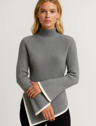 Grey flared-sleeve turtleneck knit jumper with contrast white hem