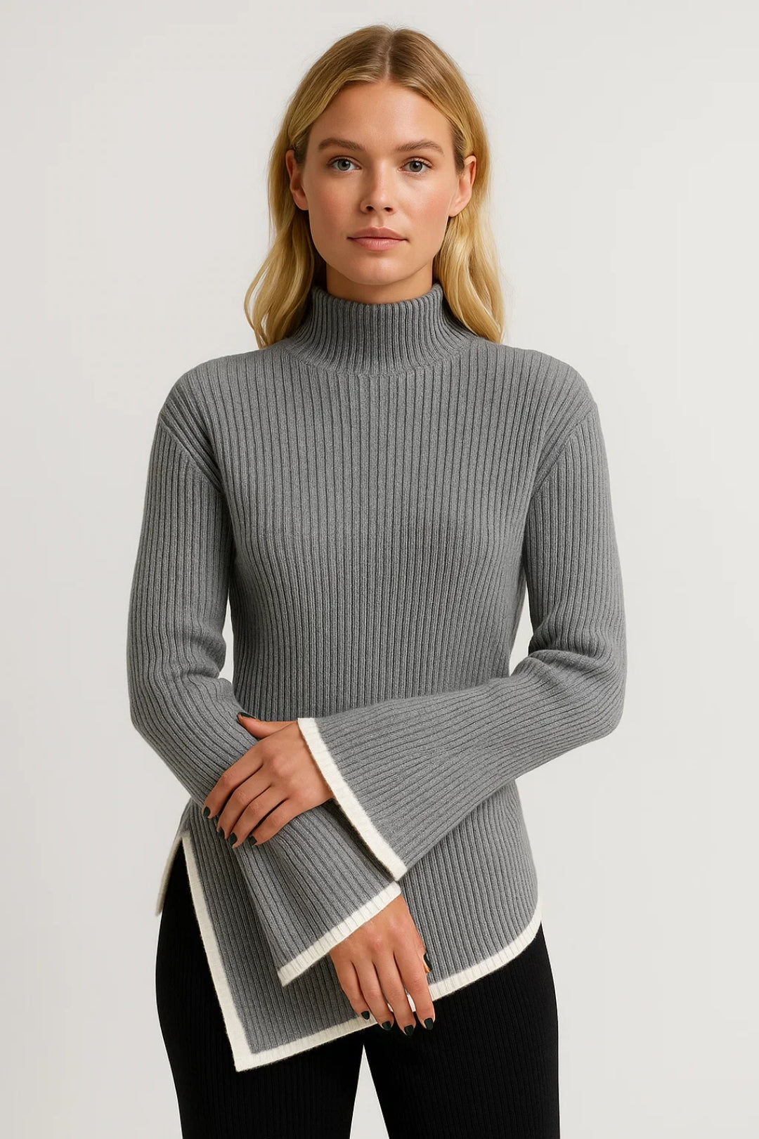 Grey flared-sleeve turtleneck knit jumper with contrast white hem