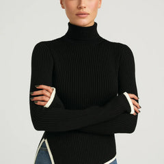 Black flared-sleeve turtleneck knit jumper with contrast white hem