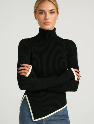 Black flared-sleeve turtleneck knit jumper with contrast white hem