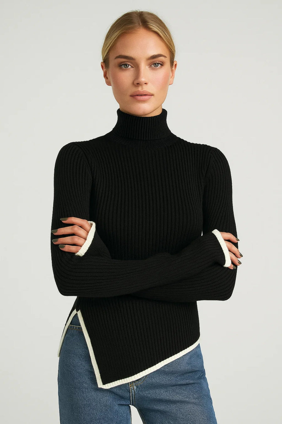 Black flared-sleeve turtleneck knit jumper with contrast white hem
