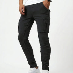 Men's black cargo trousers with stacked cargo pockets on both legs