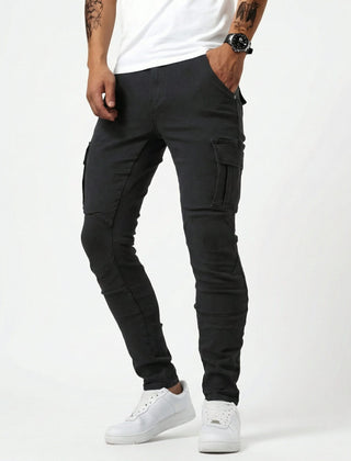 Men's black cargo trousers with stacked cargo pockets on both legs