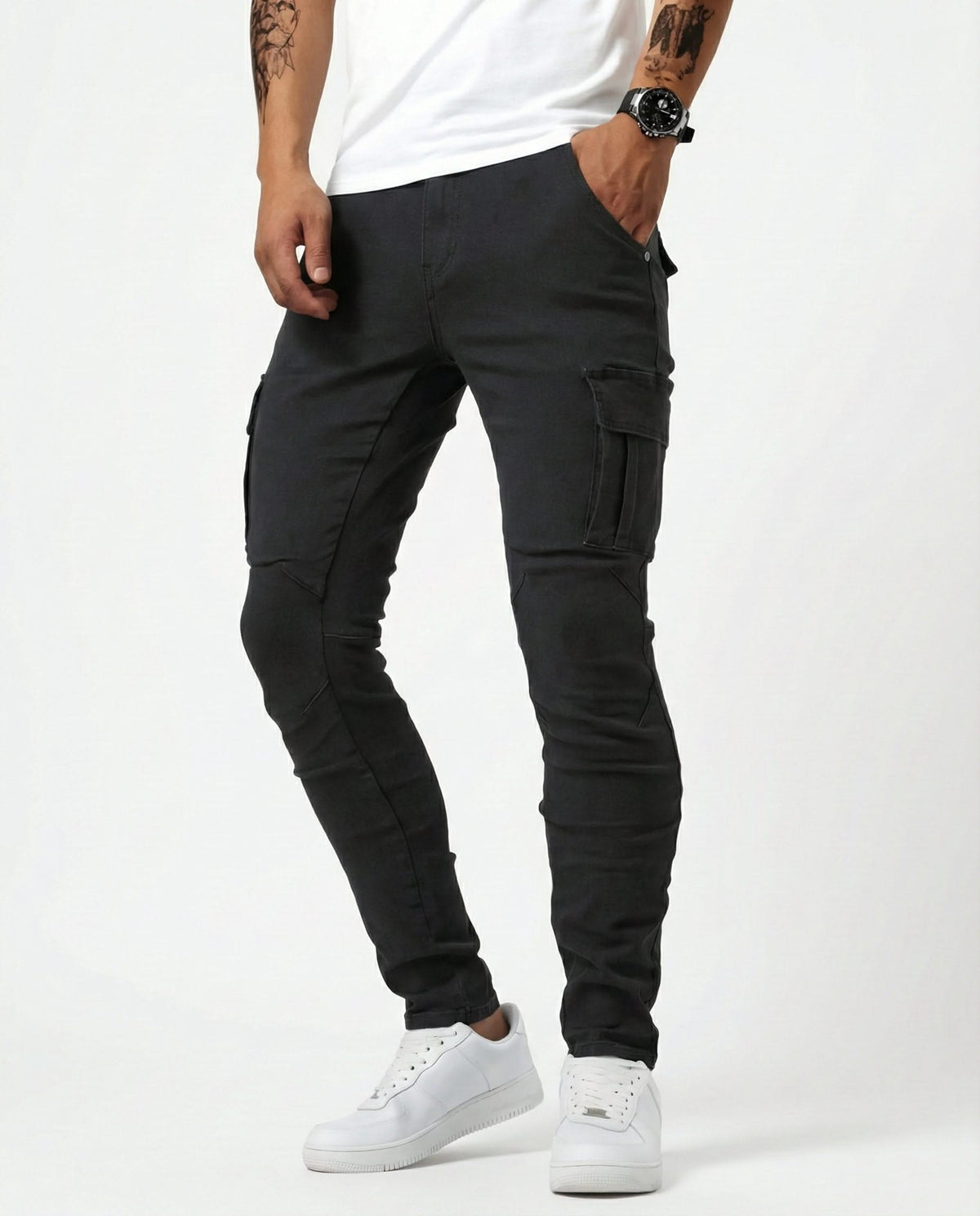 Men's black cargo trousers with stacked cargo pockets on both legs