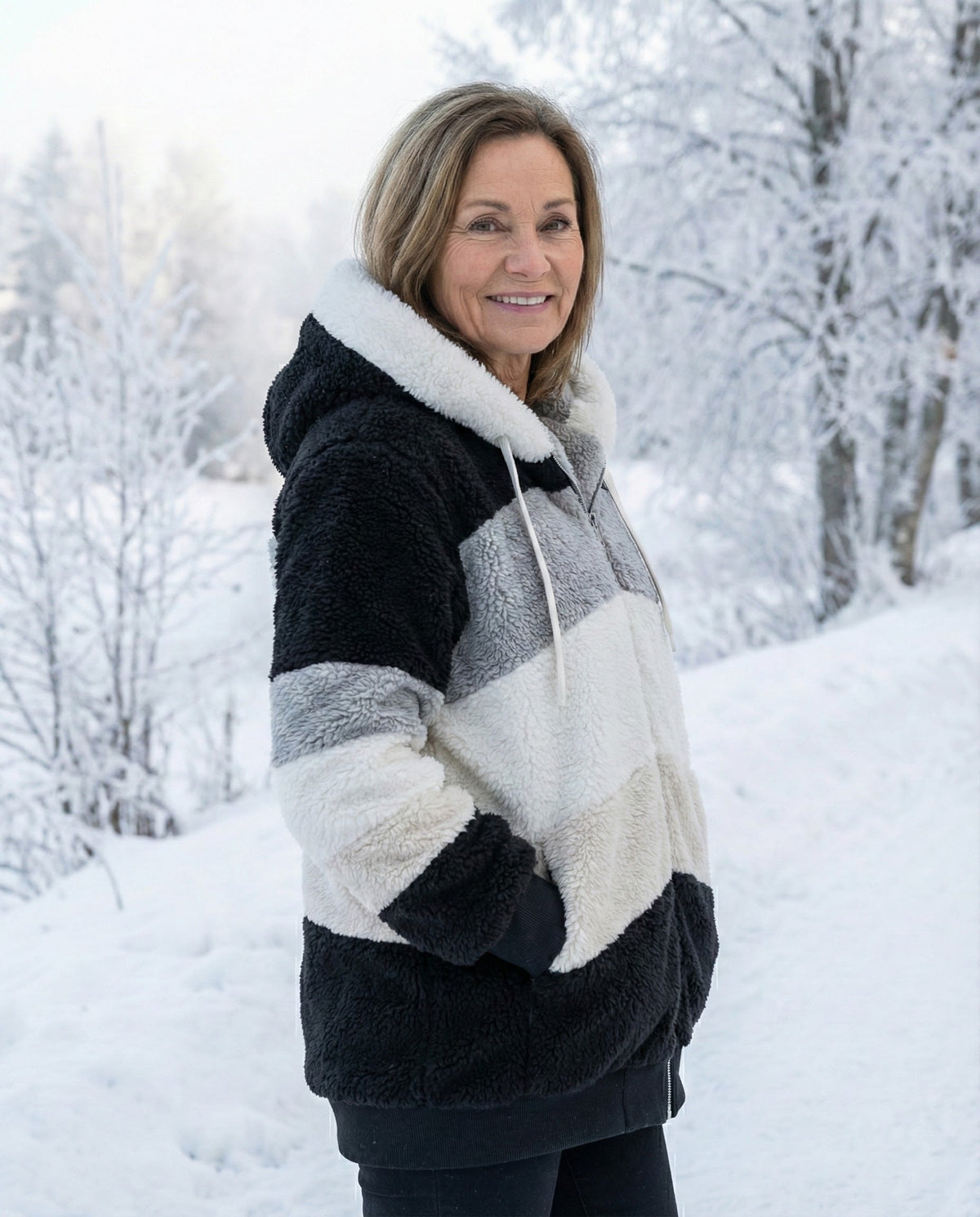 Plush colorblock zip-up jacket in black, gray, and cream with hood and drawstrings