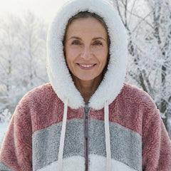 Bonnie colourblock plush jacket with attached hood, maroon and light blue stripe panels