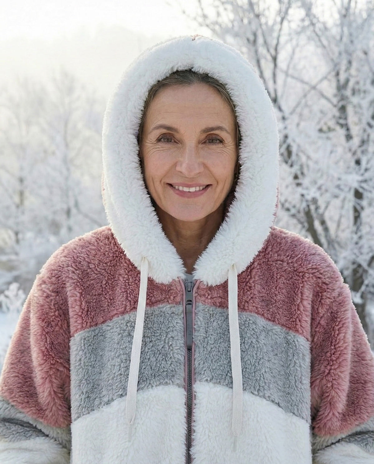 Bonnie colourblock plush jacket with attached hood, maroon and light blue stripe panels