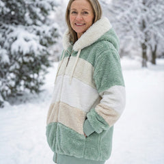 Plush zip-up colorblock jacket in sage green and cream with hood and drawstrings