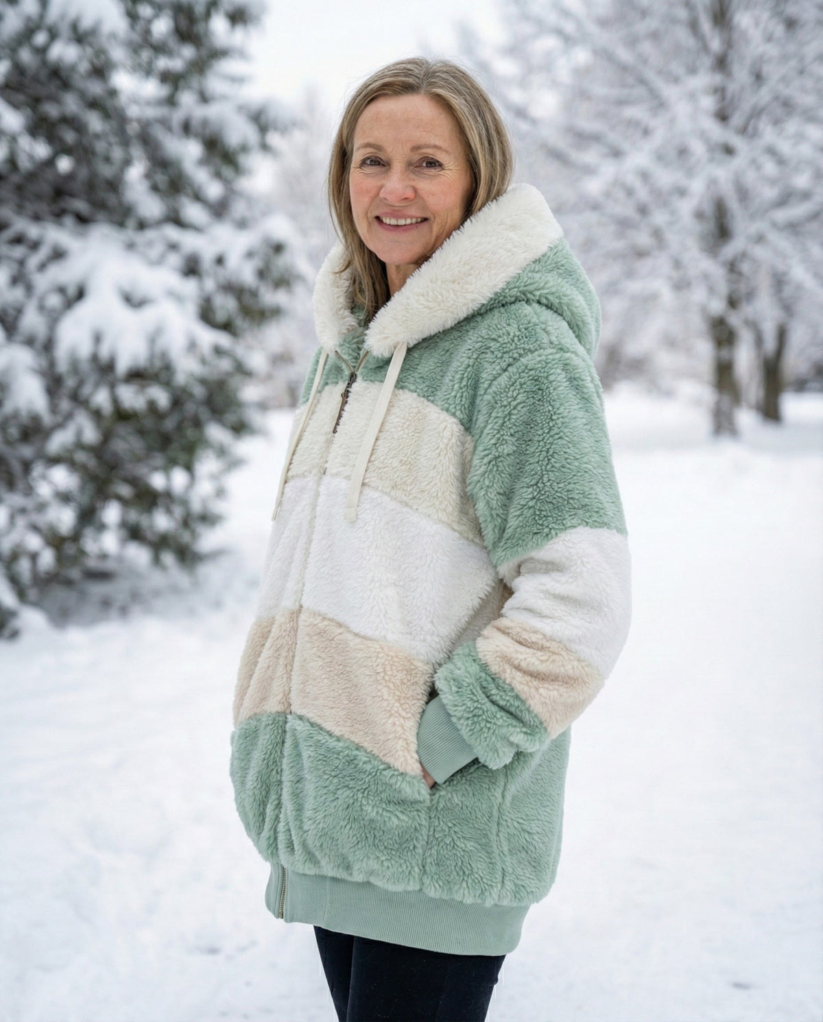 Plush zip-up colorblock jacket in sage green and cream with hood and drawstrings