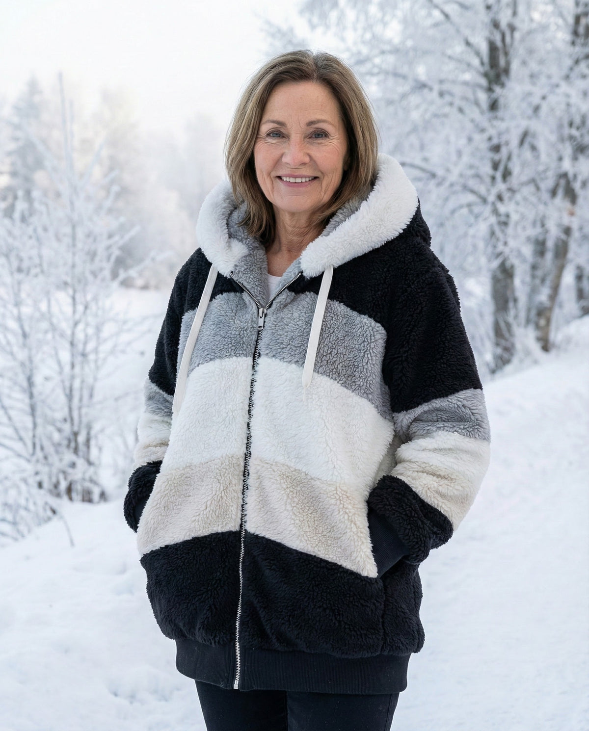 Plush colorblock jacket in black, gray, and cream with zip front and hood